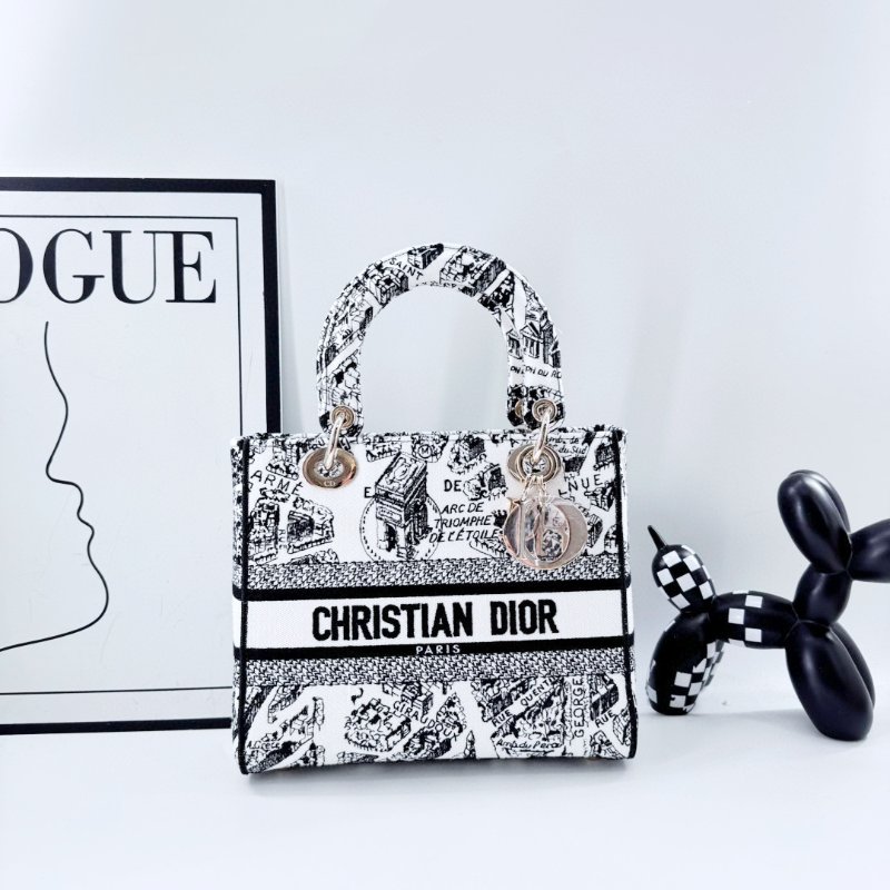【DIOR】Oblique Canvas Lady Dior 白黑色 金扣 戴妃包(二手)M2184-2