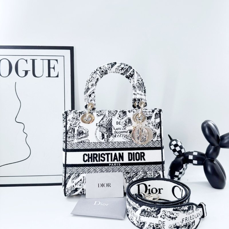 【DIOR】Oblique Canvas Lady Dior 白黑色 金扣 戴妃包(二手)M2184-3
