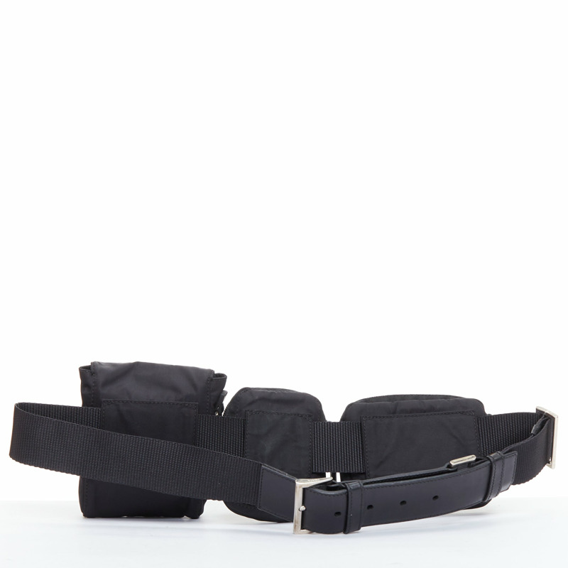 rare PRADA black nylon silver triangle logo leather triple pouch waist bag-3
