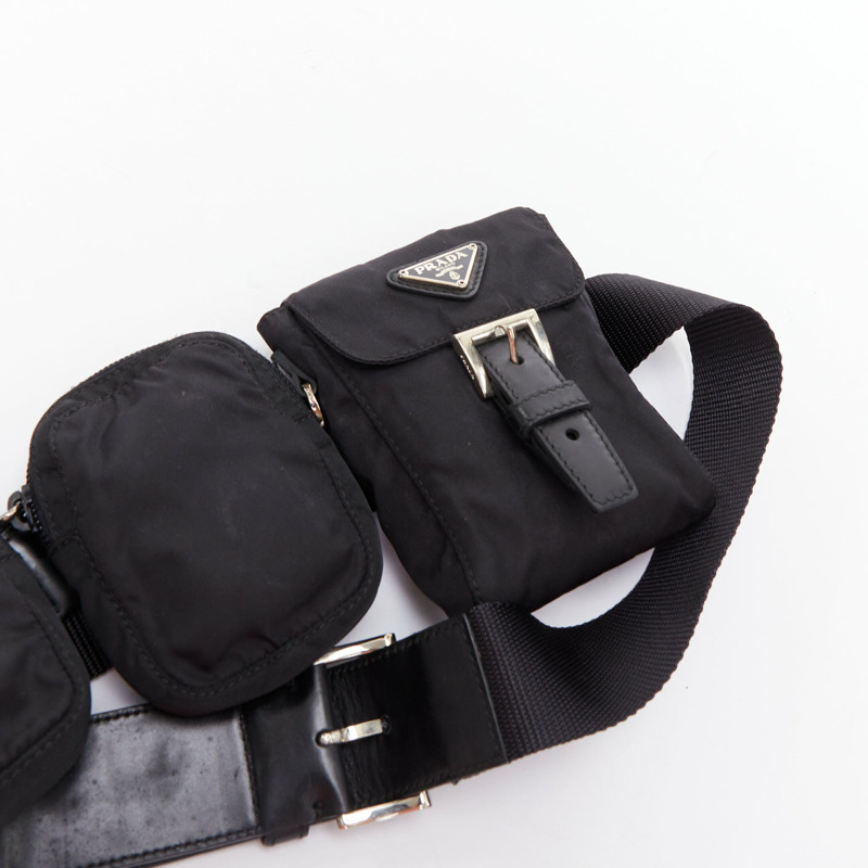 rare PRADA black nylon silver triangle logo leather triple pouch waist bag-4