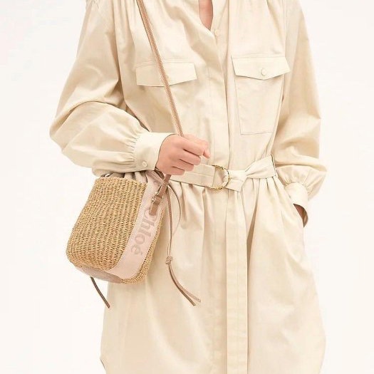 Chloe 好柔美的粉色布邊woody草編水桶二用美包-6