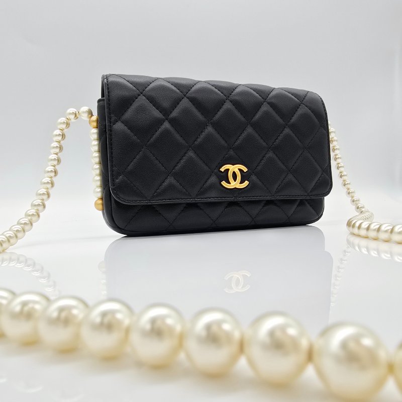 【有購證】小編實拍🔥 CHANEL 香奈兒 黑色羊皮 菱格 金珠 小珍珠鏈條 WOC 鏈條包-5
