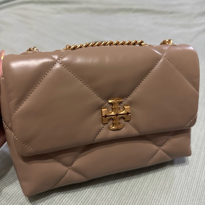 TORY BURCH 專櫃大格紋澎澎皮側背包（灰褐色）22.5cm-5