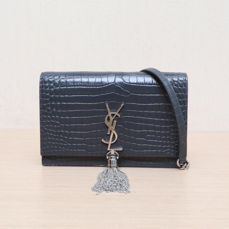 SAINT LAURENT(聖羅蘭) KATE Woc 鱷魚壓紋 流蘇 墨藍色  銀扣-0