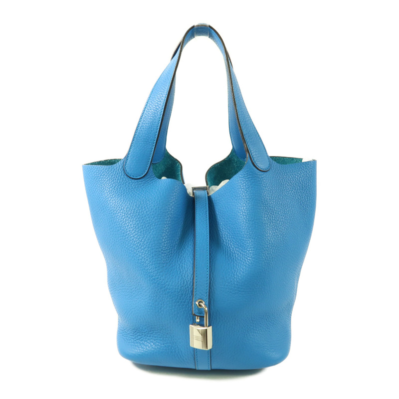 HERMES Clemence皮革Picotin MM銀扣肩背袋Bleu Zanzibar-0