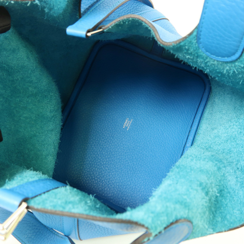 HERMES Clemence皮革Picotin MM銀扣肩背袋Bleu Zanzibar-5