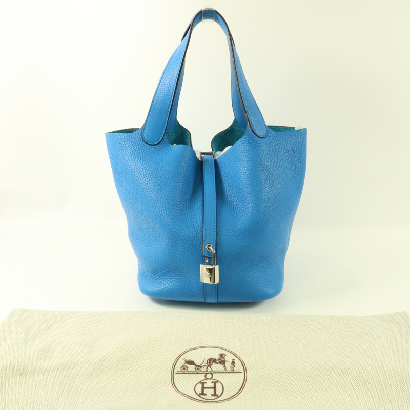 HERMES Clemence皮革Picotin MM銀扣肩背袋Bleu Zanzibar-15