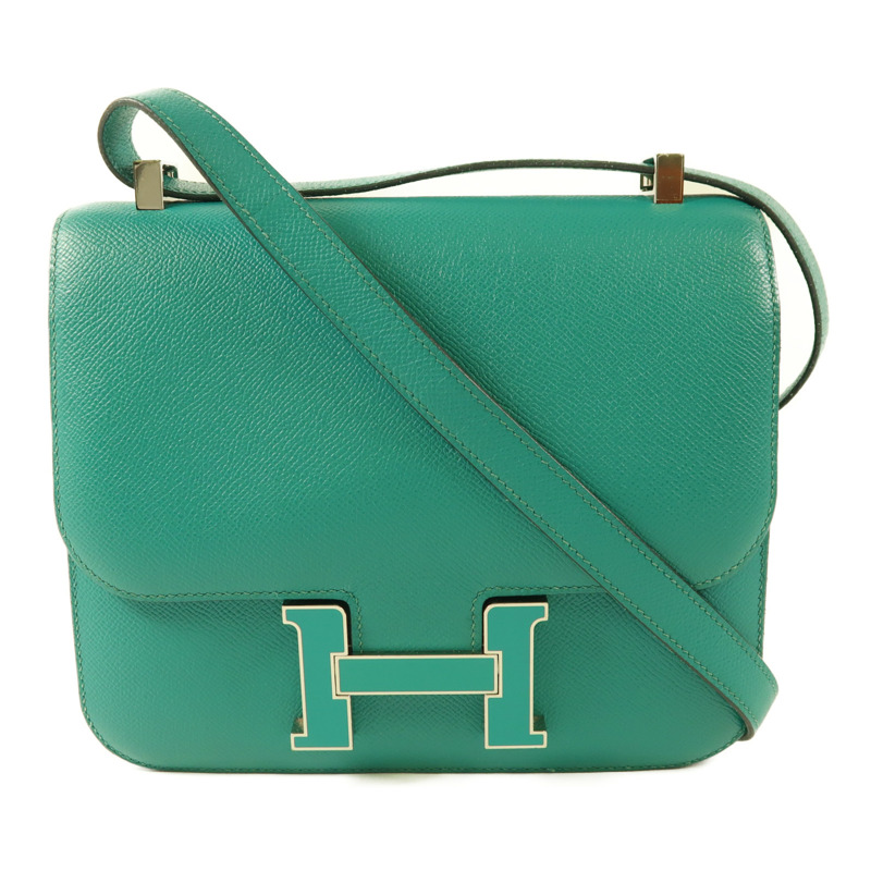 HERMES Epsom皮革Constance 24銀扣肩背袋Blue Paon/Menthe-0