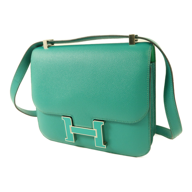 HERMES Epsom皮革Constance 24銀扣肩背袋Blue Paon/Menthe-2