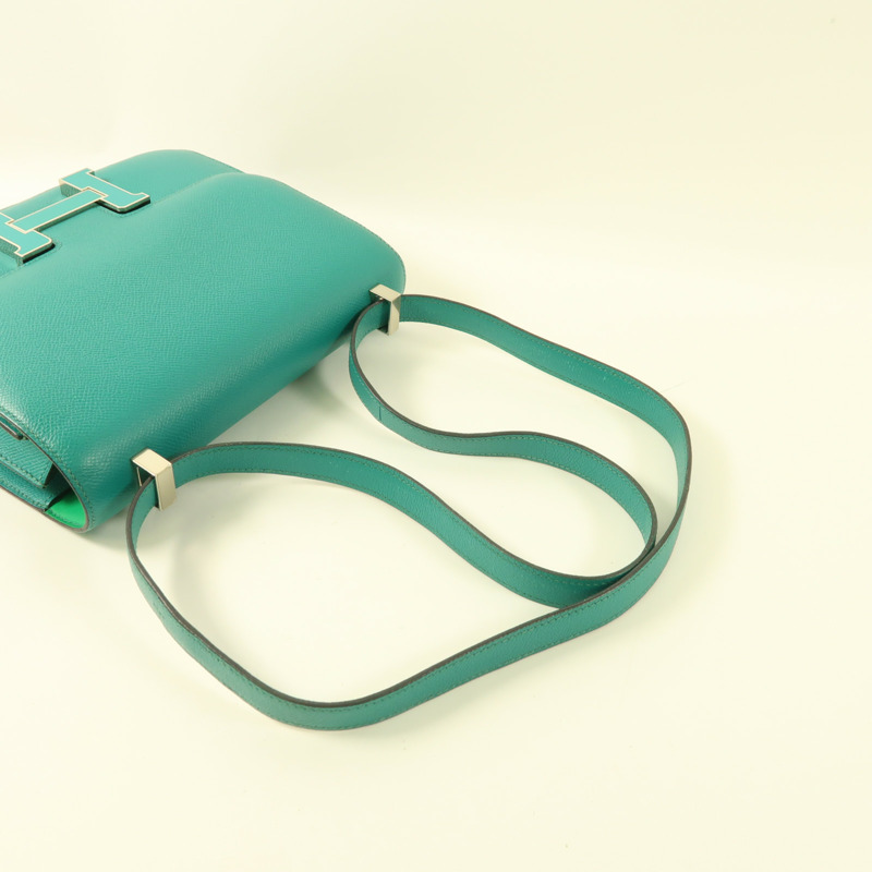 HERMES Epsom皮革Constance 24銀扣肩背袋Blue Paon/Menthe-5