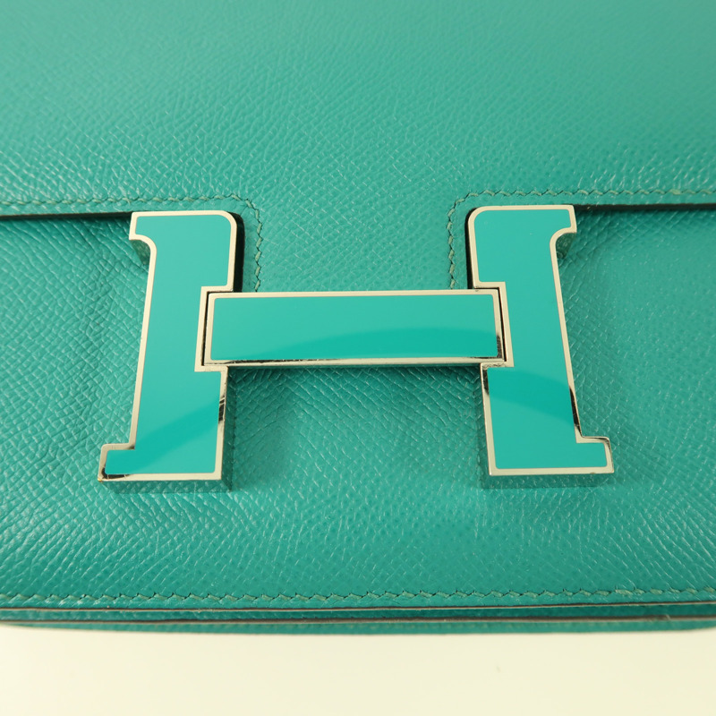 HERMES Epsom皮革Constance 24銀扣肩背袋Blue Paon/Menthe-9