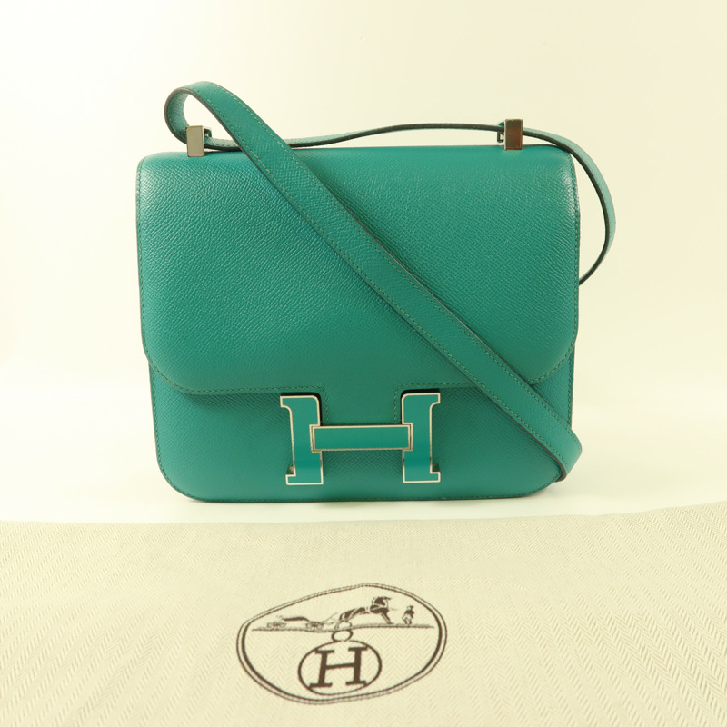 HERMES Epsom皮革Constance 24銀扣肩背袋Blue Paon/Menthe-23