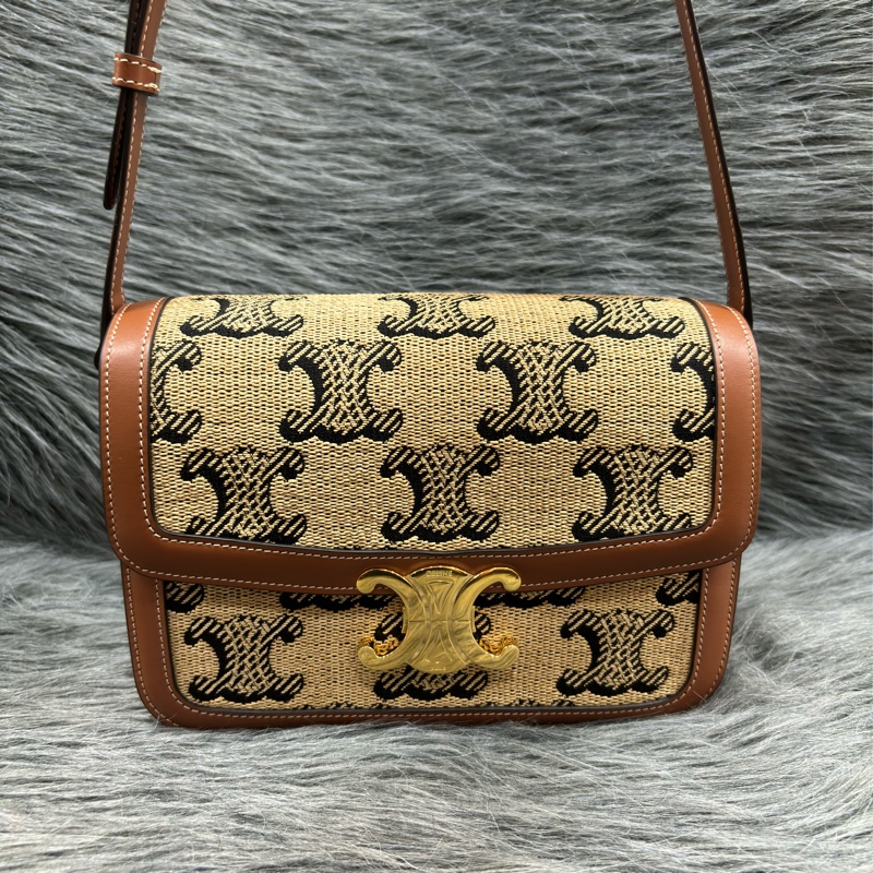 CELINE 191242 SAC TRIOMPHE MOYEN RAPHIA 凱旋門 金釦 刺繡 相機包 信差包 斜背包-1