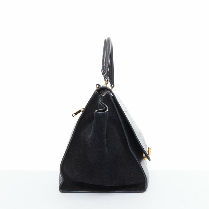 CELINE Phoebe Philo Trapeze black mock croc gold hardware tote bag-3