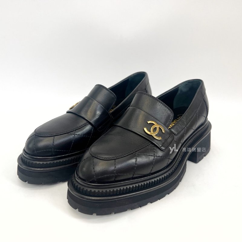 ❣Chanel 黑牛皮菱格紋金logo厚底樂福鞋-0