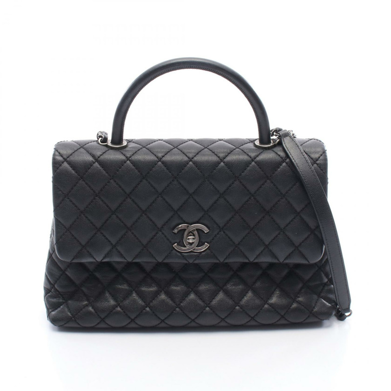 CHANEL Matelasse Coco Handle 手提包 A92992 魚子醬皮(粒面小牛皮)黑色二手女士-0