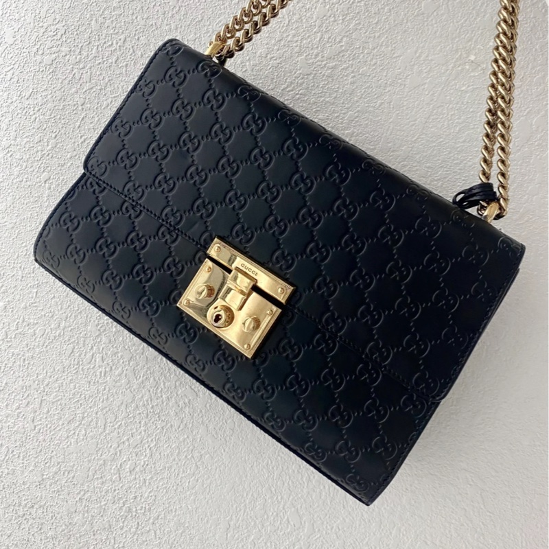 Gucci • 經典黑色壓紋老花 Padlock 月光寶盒 中號-0