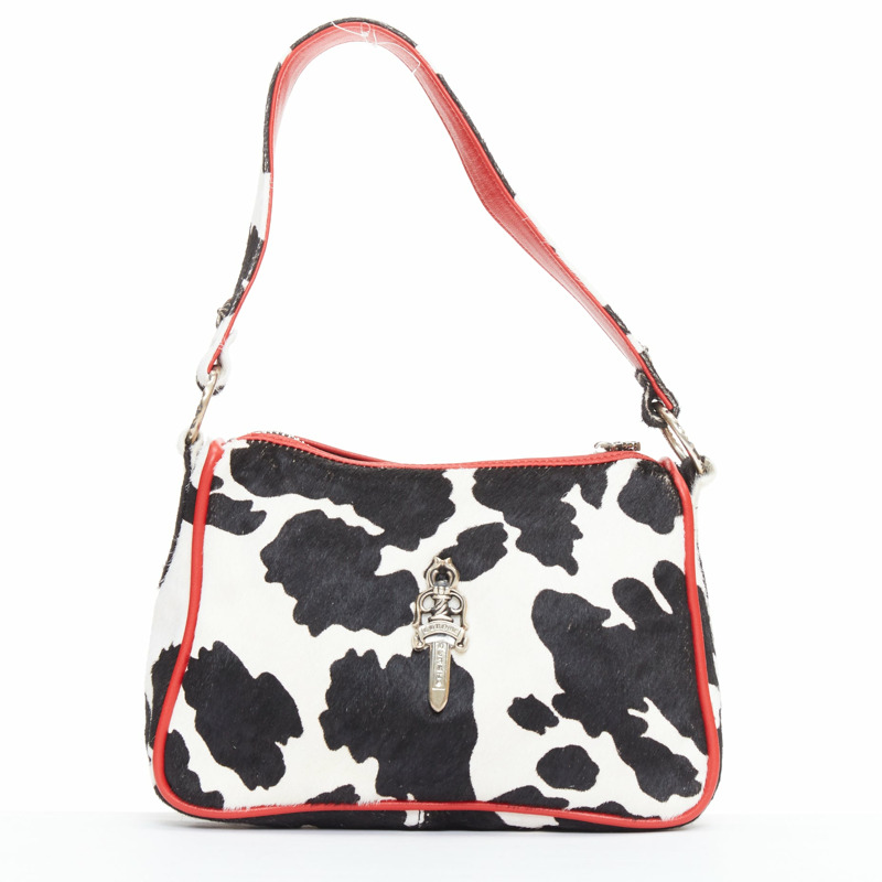 rare CHROME HEARTS Nuggets black white cow calf hair red trim underarm bag-0