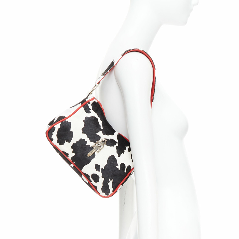 rare CHROME HEARTS Nuggets black white cow calf hair red trim underarm bag-1