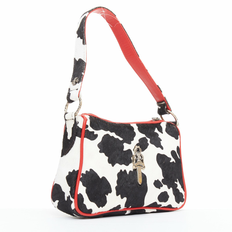 rare CHROME HEARTS Nuggets black white cow calf hair red trim underarm bag-2