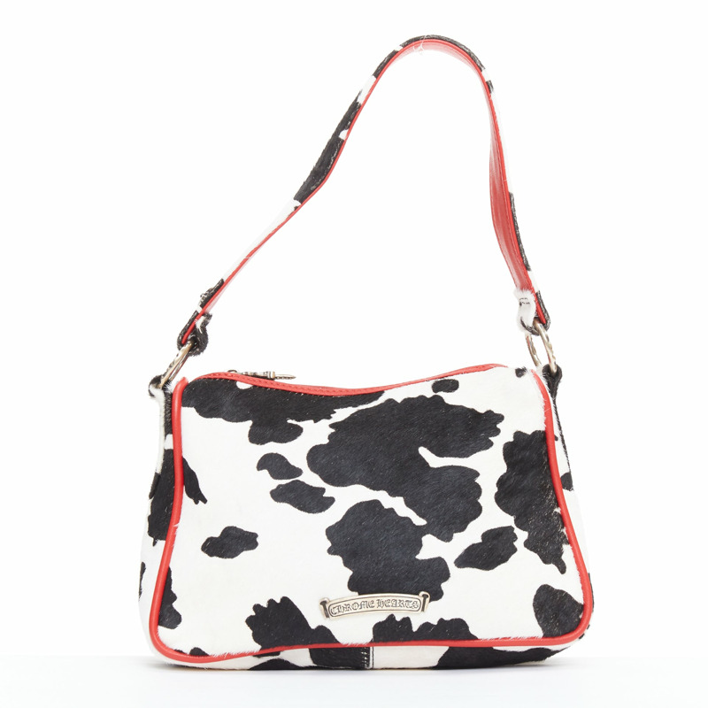rare CHROME HEARTS Nuggets black white cow calf hair red trim underarm bag-4