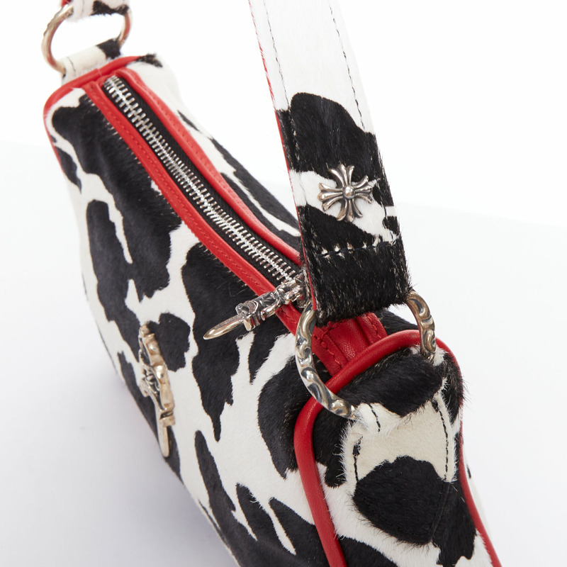 rare CHROME HEARTS Nuggets black white cow calf hair red trim underarm bag-7