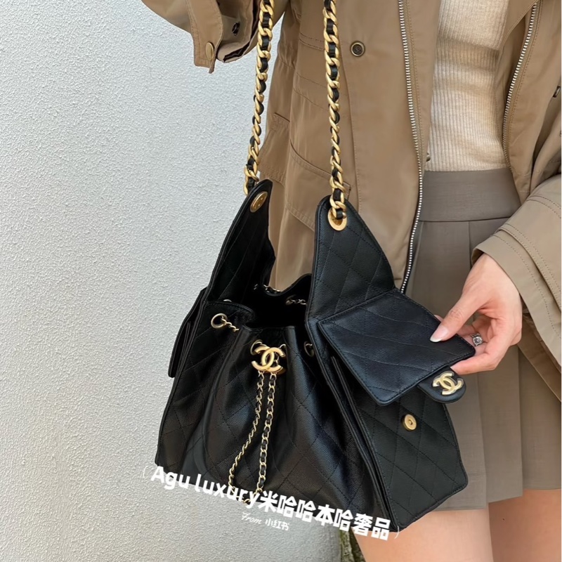 香奈兒 CHANEL 新款 25S hobo 抽縄 荔枝牛皮嬉皮包 水桶包 小號-3