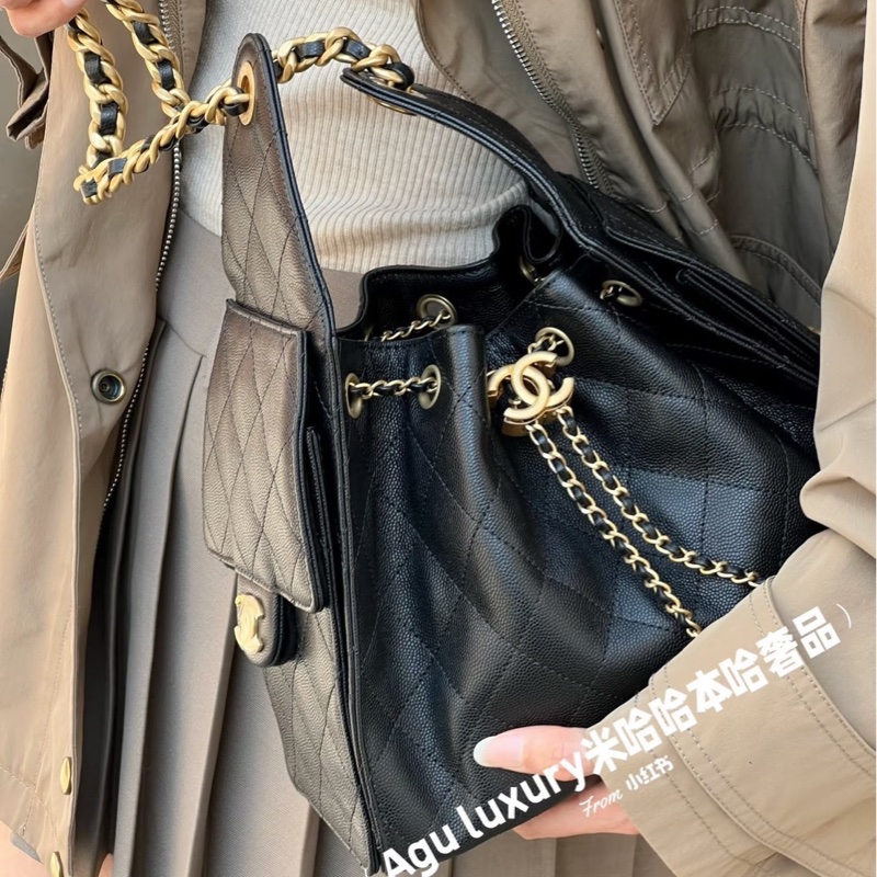 香奈兒 CHANEL 新款 25S hobo 抽縄 荔枝牛皮嬉皮包 水桶包 小號-4