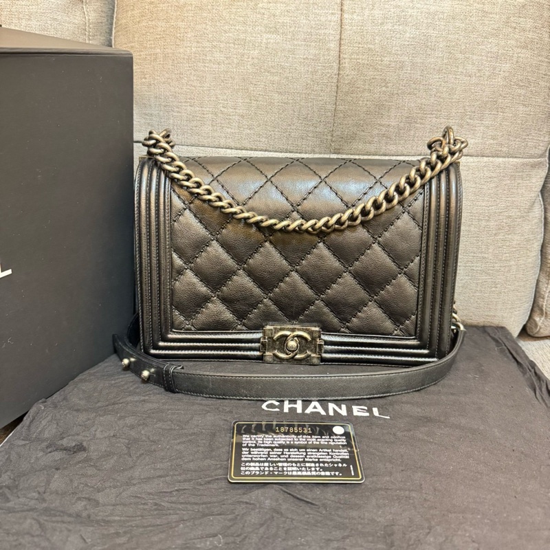 香奈兒CHANEL LEBOY 28 外縫復古銀黑色牛皮 鏈條包 肩背包 斜背包-0