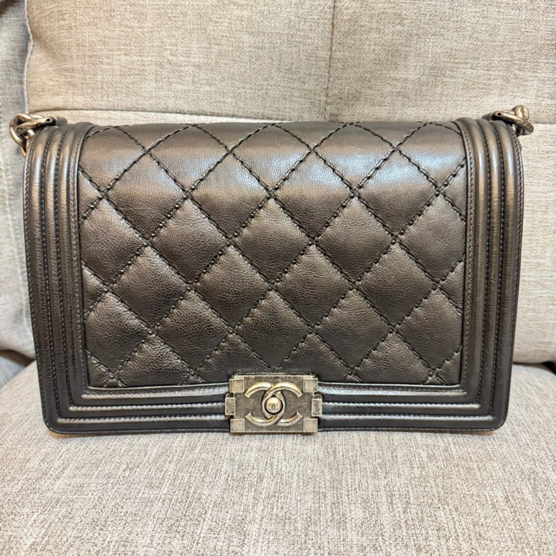 香奈兒CHANEL LEBOY 28 外縫復古銀黑色牛皮 鏈條包 肩背包 斜背包-5