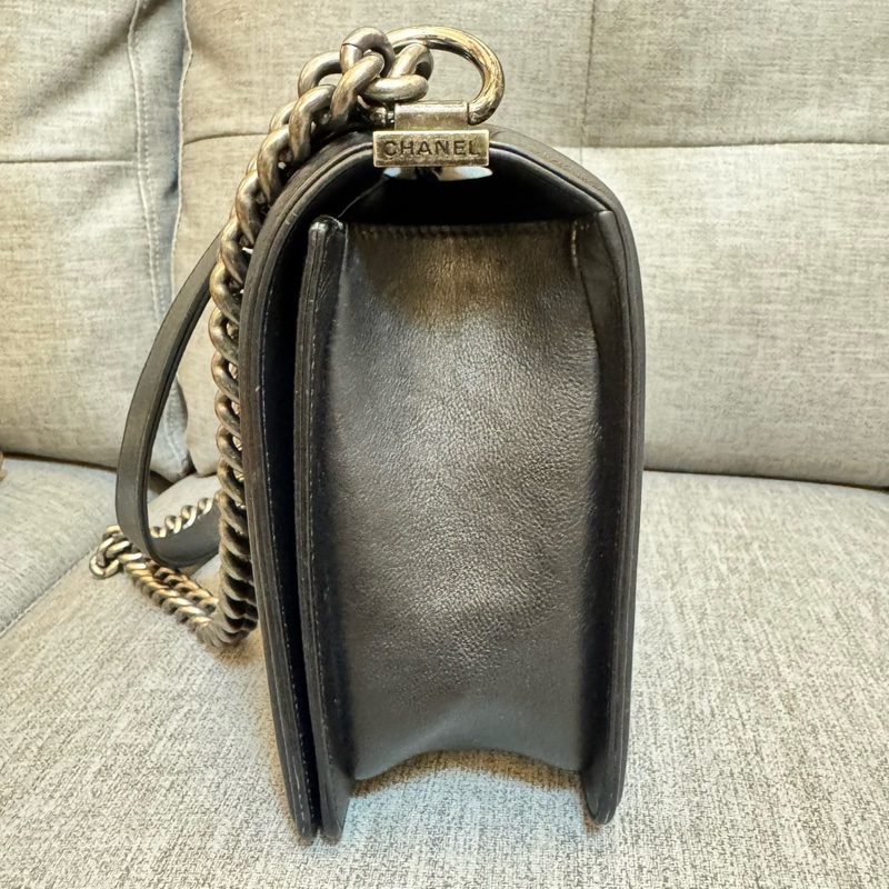 香奈兒CHANEL LEBOY 28 外縫復古銀黑色牛皮 鏈條包 肩背包 斜背包-10