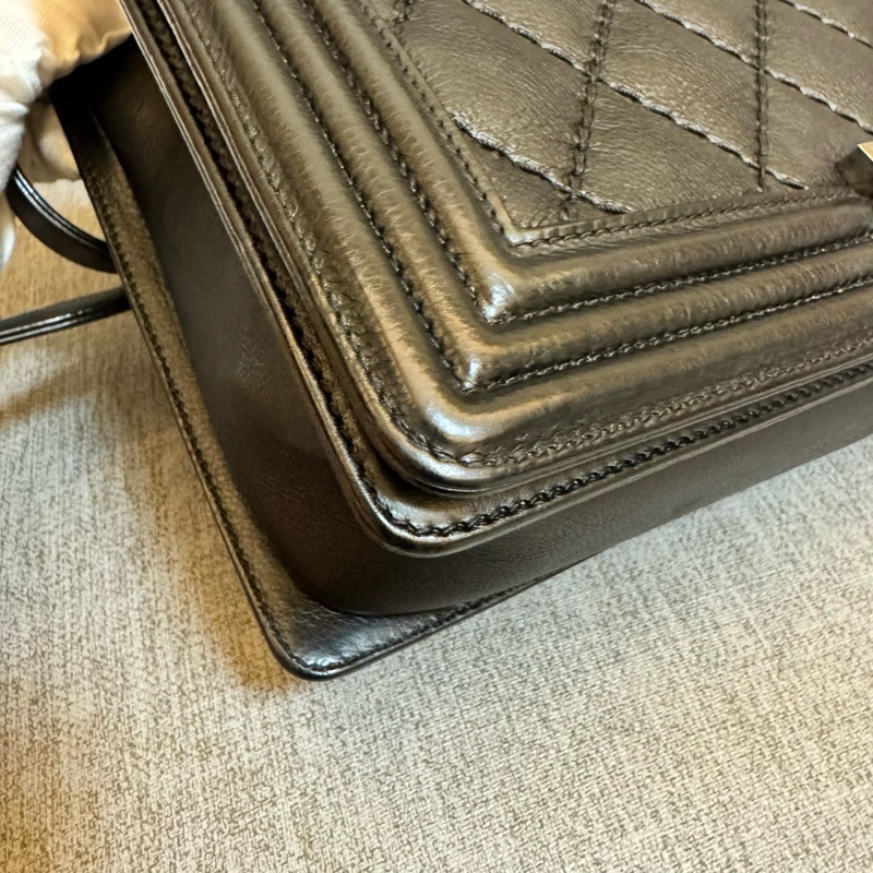 香奈兒CHANEL LEBOY 28 外縫復古銀黑色牛皮 鏈條包 肩背包 斜背包-12