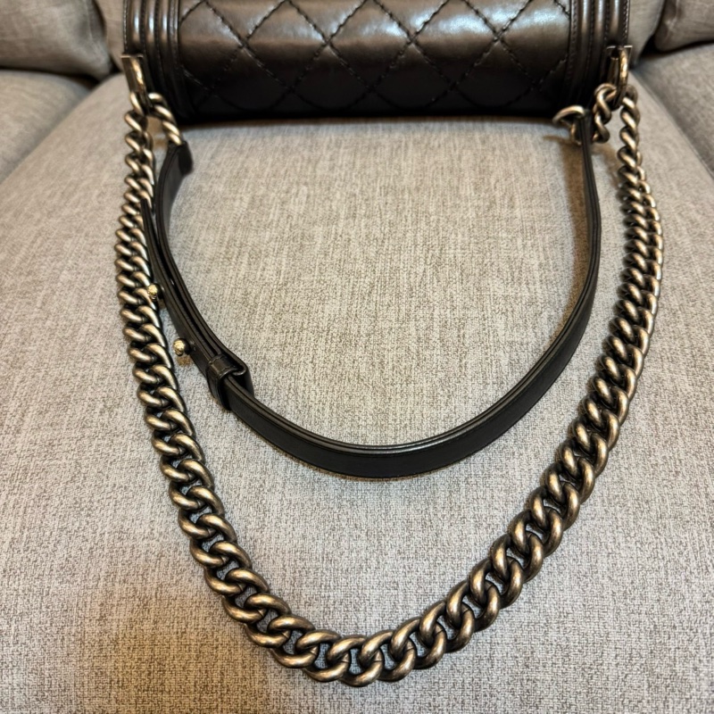香奈兒CHANEL LEBOY 28 外縫復古銀黑色牛皮 鏈條包 肩背包 斜背包-20