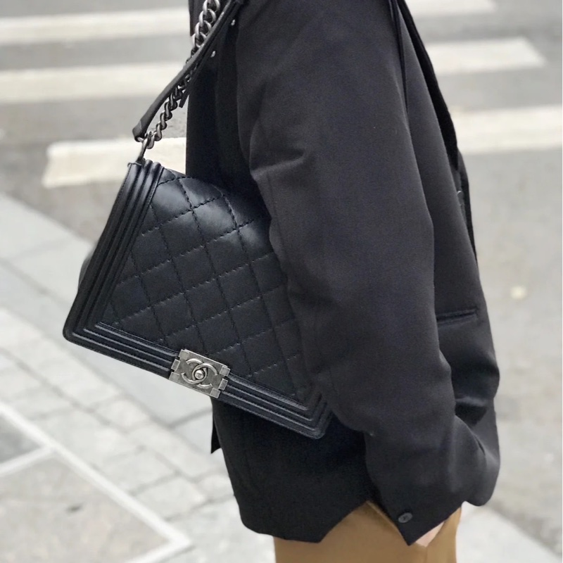 香奈兒CHANEL LEBOY 28 外縫復古銀黑色牛皮 鏈條包 肩背包 斜背包-29