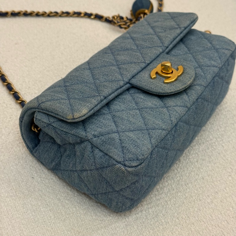 丹寧金球鏈CHANEL MINI COCO 20cm藍色牛仔肩背斜背包-2