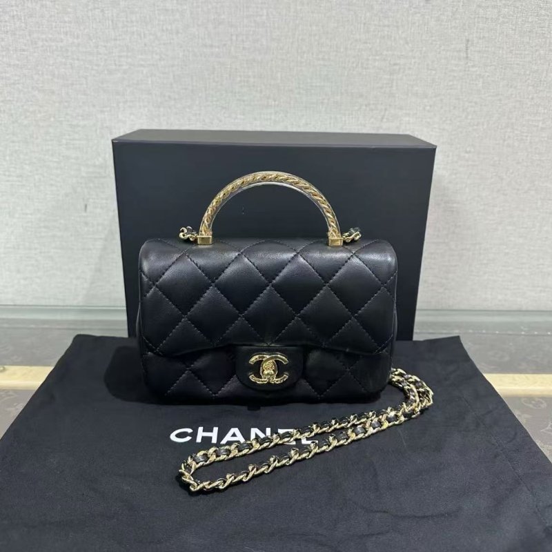 ✨CHANEL 24S黑金壓克力手柄大mini鍊條包18*12*6  全新配件塵袋盒子-0
