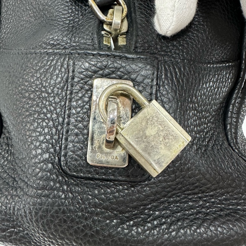 prada bl0310 黑色荔枝皮 銀釦保齡球包 波士頓包-7