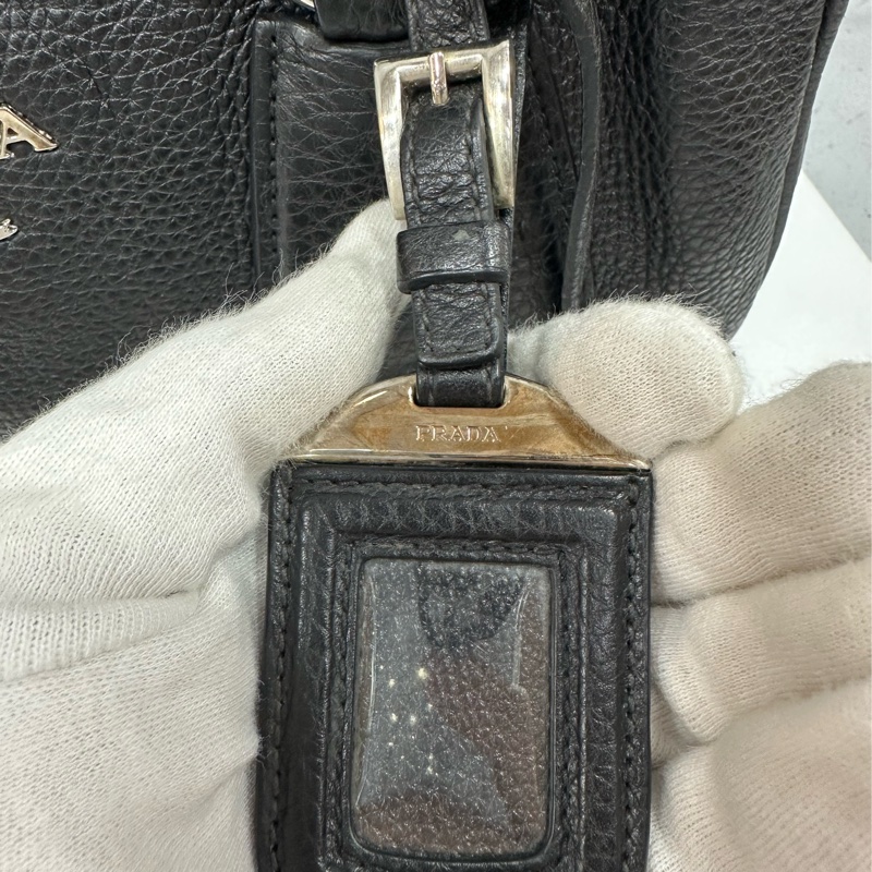 prada bl0310 黑色荔枝皮 銀釦保齡球包 波士頓包-20