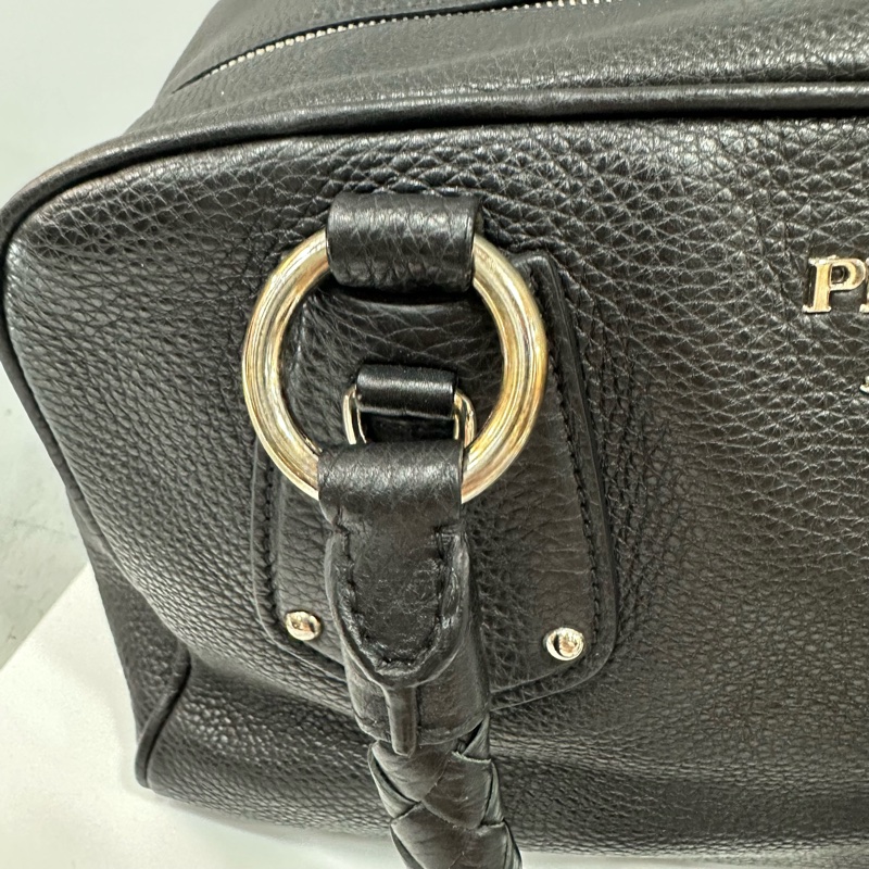 prada bl0310 黑色荔枝皮 銀釦保齡球包 波士頓包-36