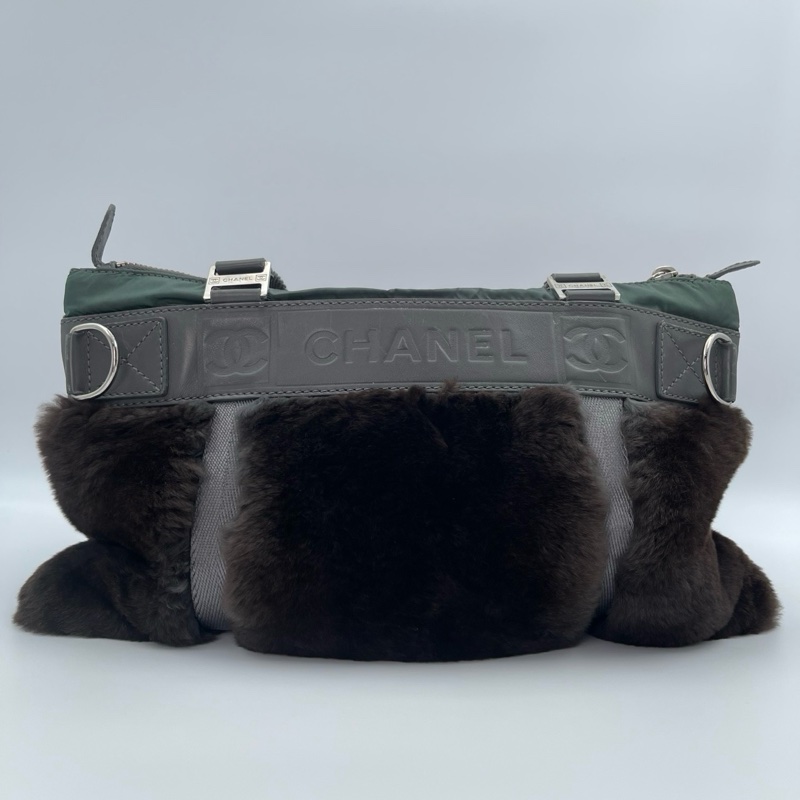「JL精品代購」香奈兒兔毛拼皮灰綠色手提包-6