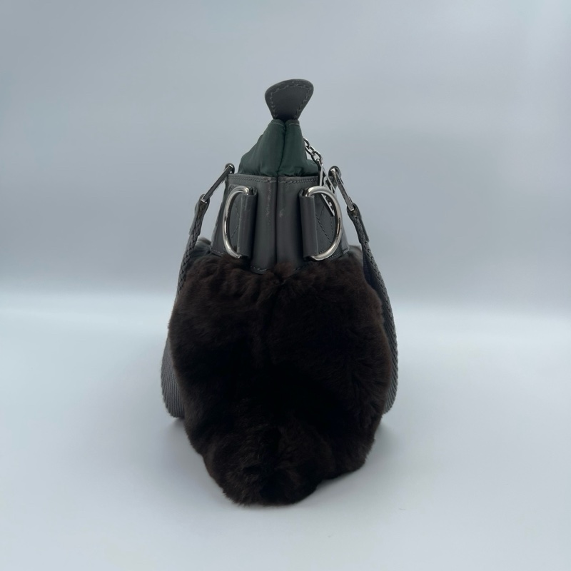 「JL精品代購」香奈兒兔毛拼皮灰綠色手提包-7