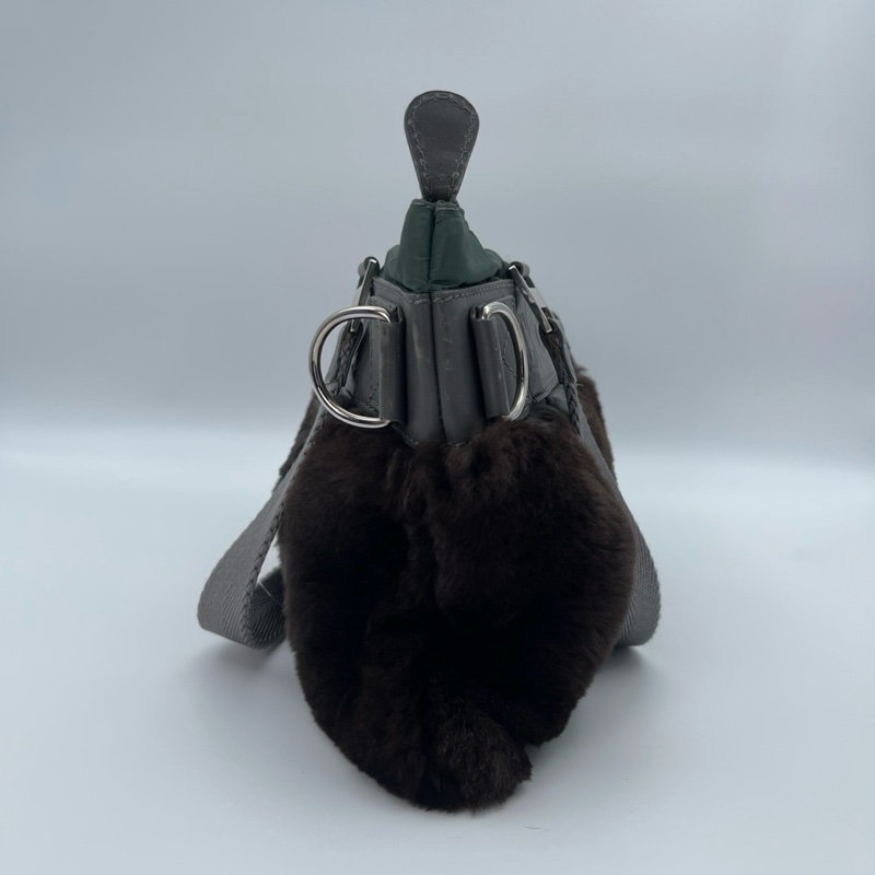 「JL精品代購」香奈兒兔毛拼皮灰綠色手提包-8