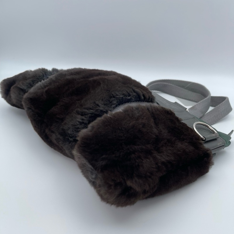 「JL精品代購」香奈兒兔毛拼皮灰綠色手提包-11