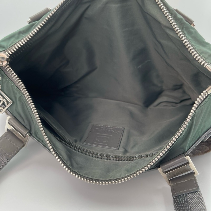 「JL精品代購」香奈兒兔毛拼皮灰綠色手提包-15