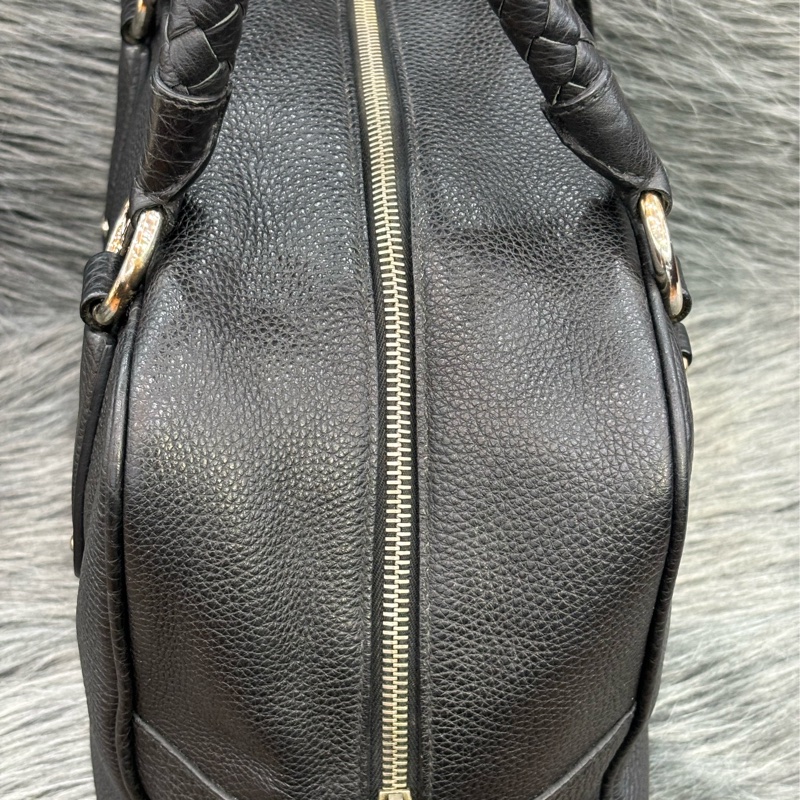 PRADA BL0310 黑色荔枝皮 銀色LOGO 編織把 拉鍊 手提包保齡球包波士頓包-1