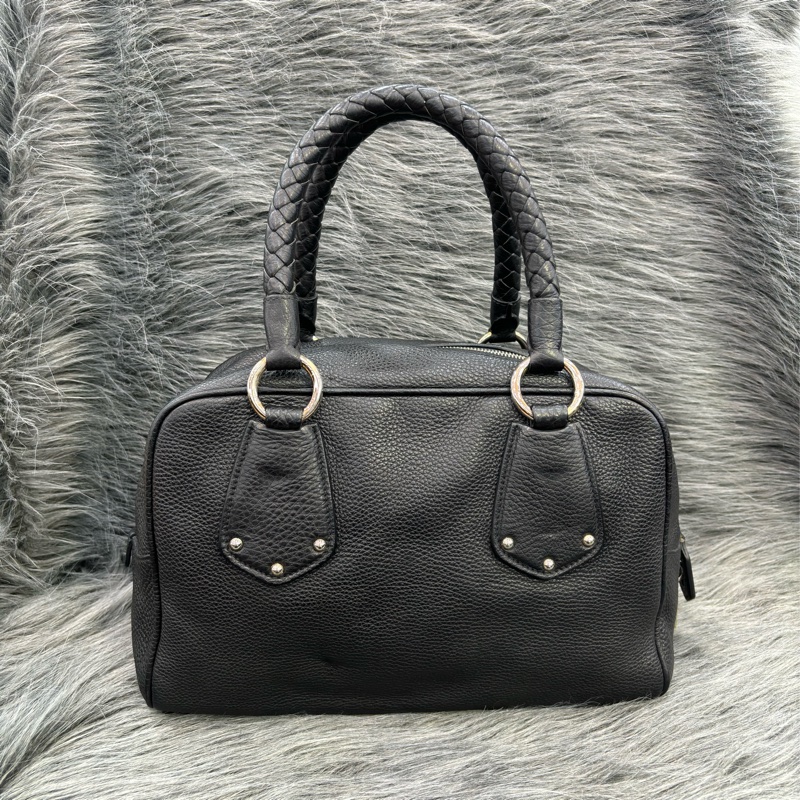 PRADA BL0310 黑色荔枝皮 銀色LOGO 編織把 拉鍊 手提包保齡球包波士頓包-3