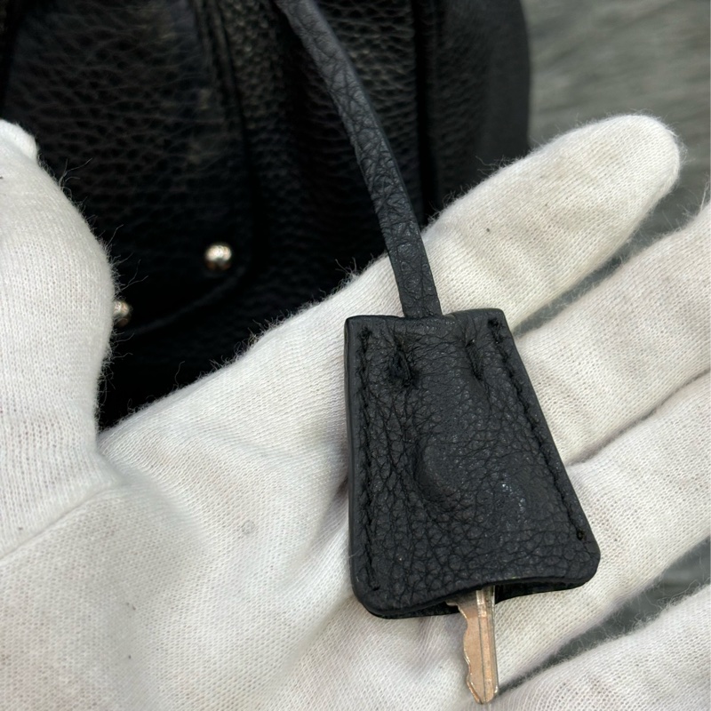 PRADA BL0310 黑色荔枝皮 銀色LOGO 編織把 拉鍊 手提包保齡球包波士頓包-17