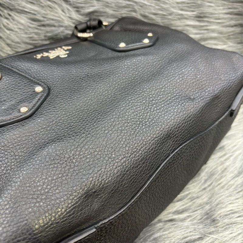 PRADA BL0310 黑色荔枝皮 銀色LOGO 編織把 拉鍊 手提包保齡球包波士頓包-24