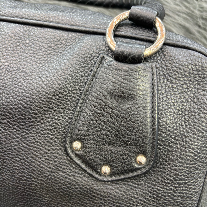 PRADA BL0310 黑色荔枝皮 銀色LOGO 編織把 拉鍊 手提包保齡球包波士頓包-30