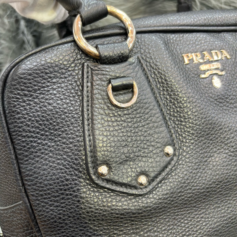 PRADA BL0310 黑色荔枝皮 銀色LOGO 編織把 拉鍊 手提包保齡球包波士頓包-32